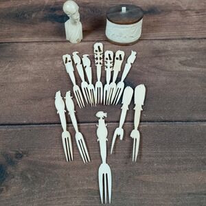Unbranded African Hand Carved Bone Fork Set Bust and Trinket Box Cream Fair 14pc